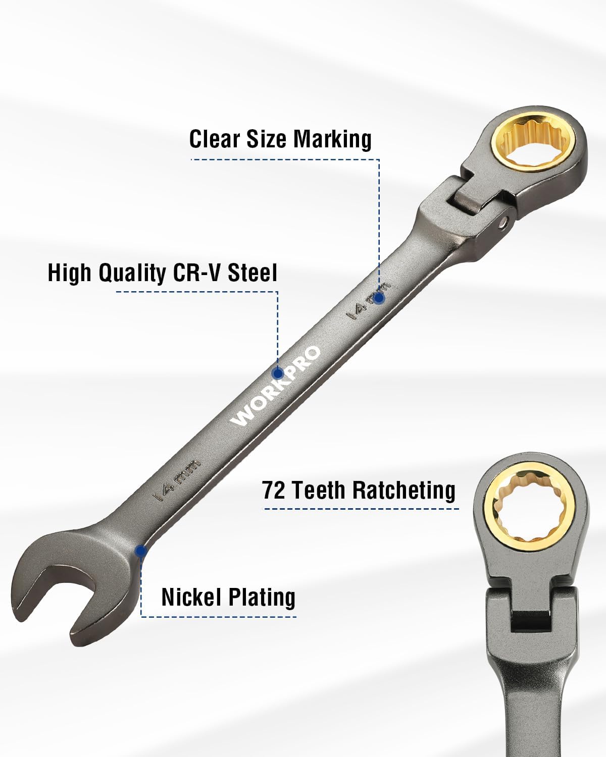 14 mm flex-head ratcheting combination wrench, nickel-plated 12-point box end