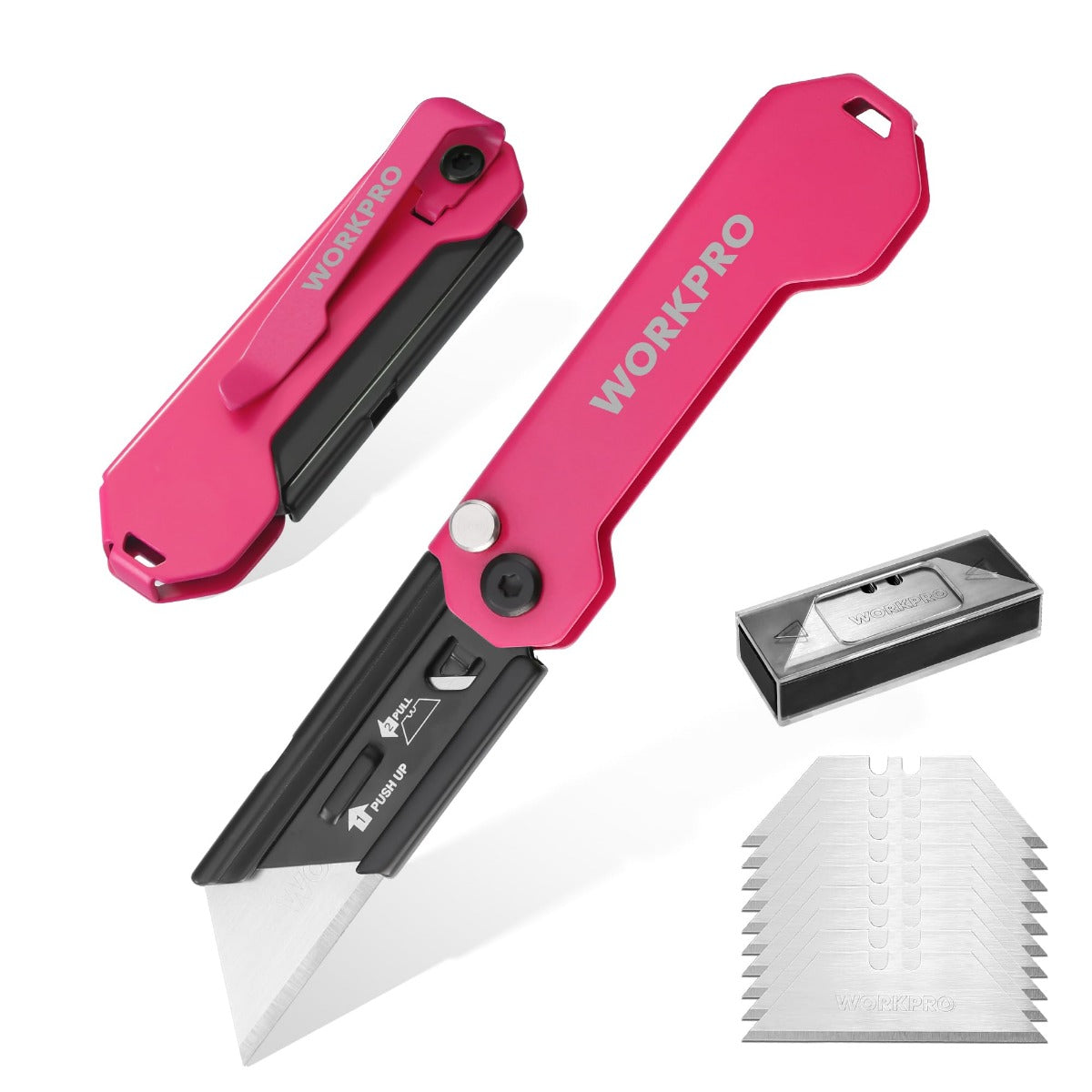 Pink folding utility knife set with spare blades and extended SK5 shank blade