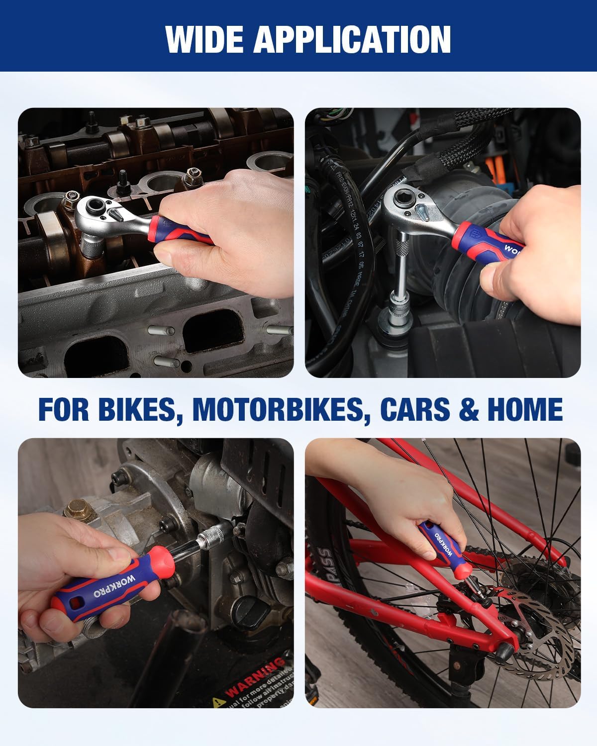 Hand tools set used on bike and engine parts with red-and-blue ratchet head
