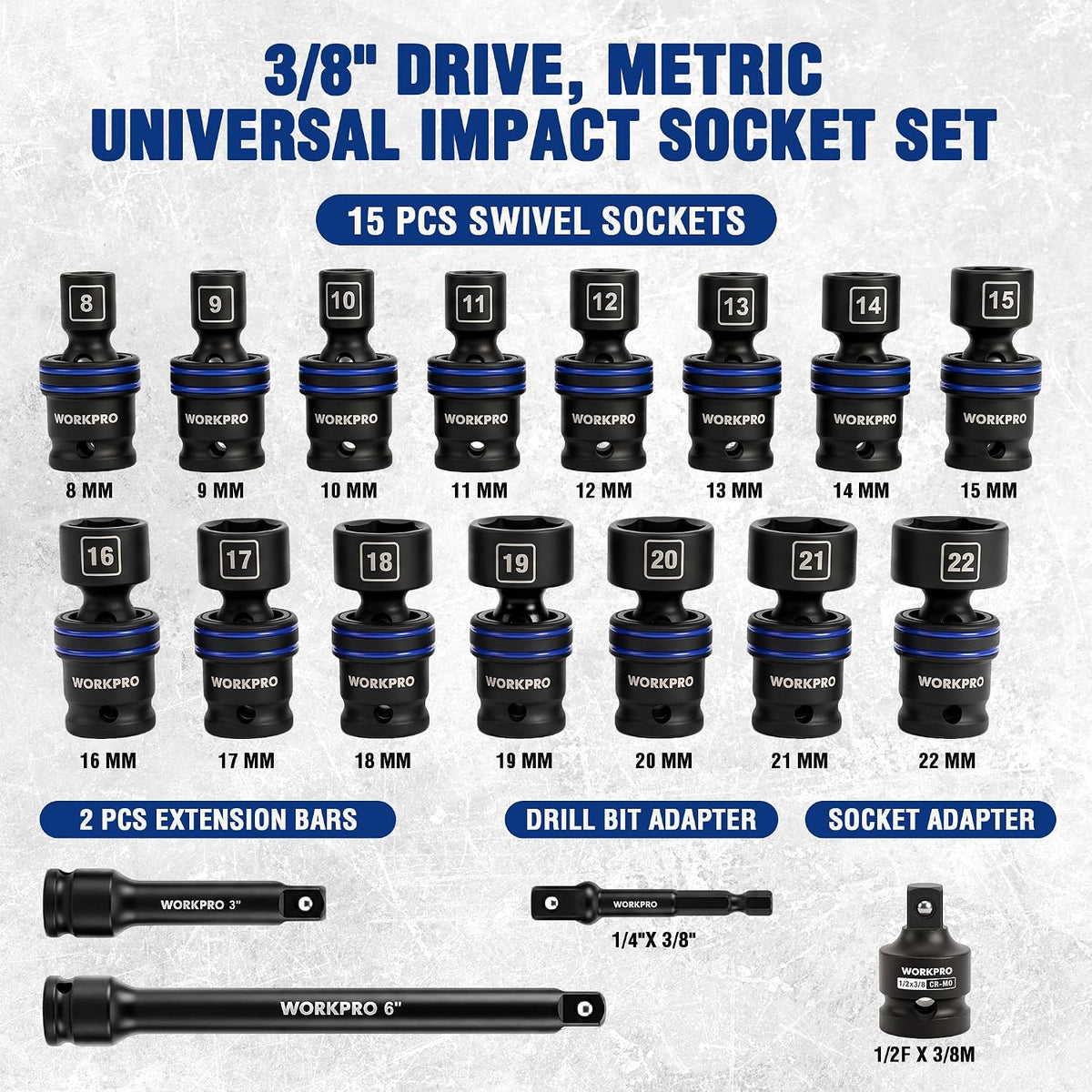 Workpro impact swivel socket set in black finish, with standard 6-point profile and clearly labelled socket sizes