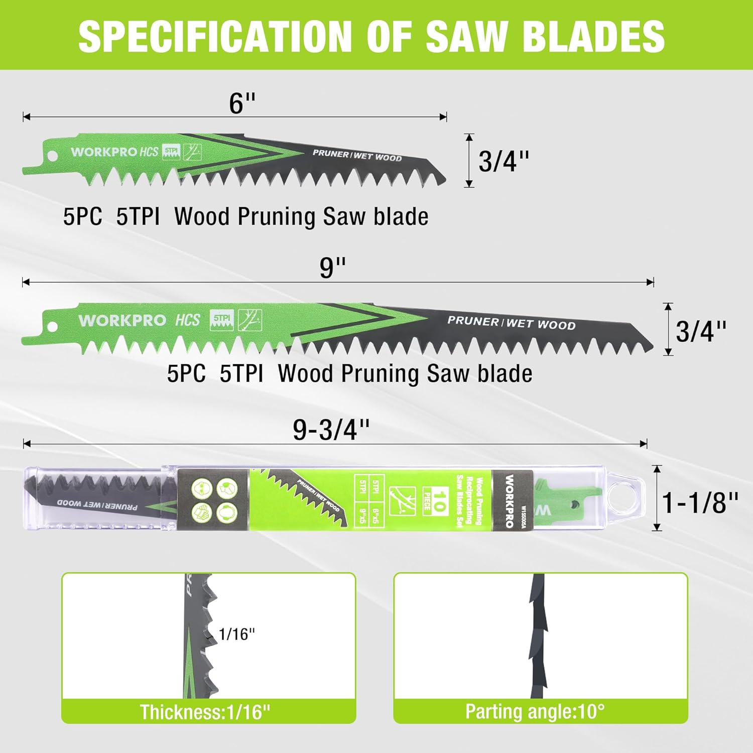 Pruning saw blades set, 5TPI specs for 6 in and 9 in blades with case