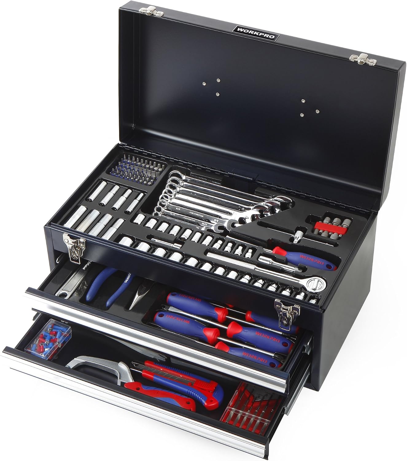 Angled view of black metal tool box open with screwdrivers, wrenches, and socket bits