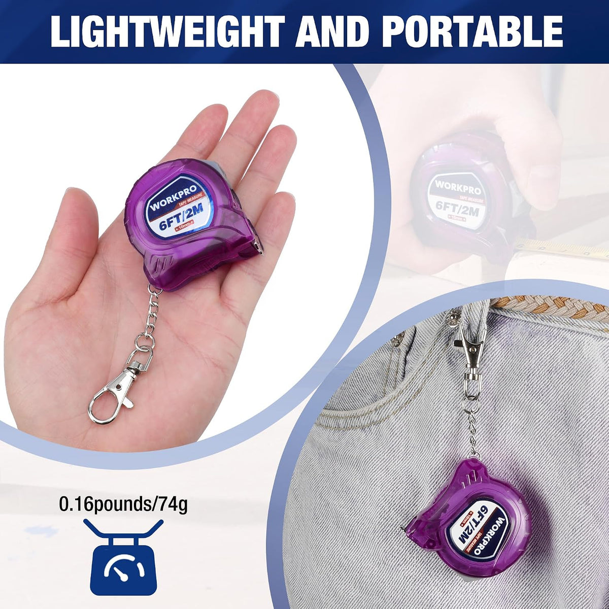 Purple retractable tape measure keychain shown in hand with compact keyring chain