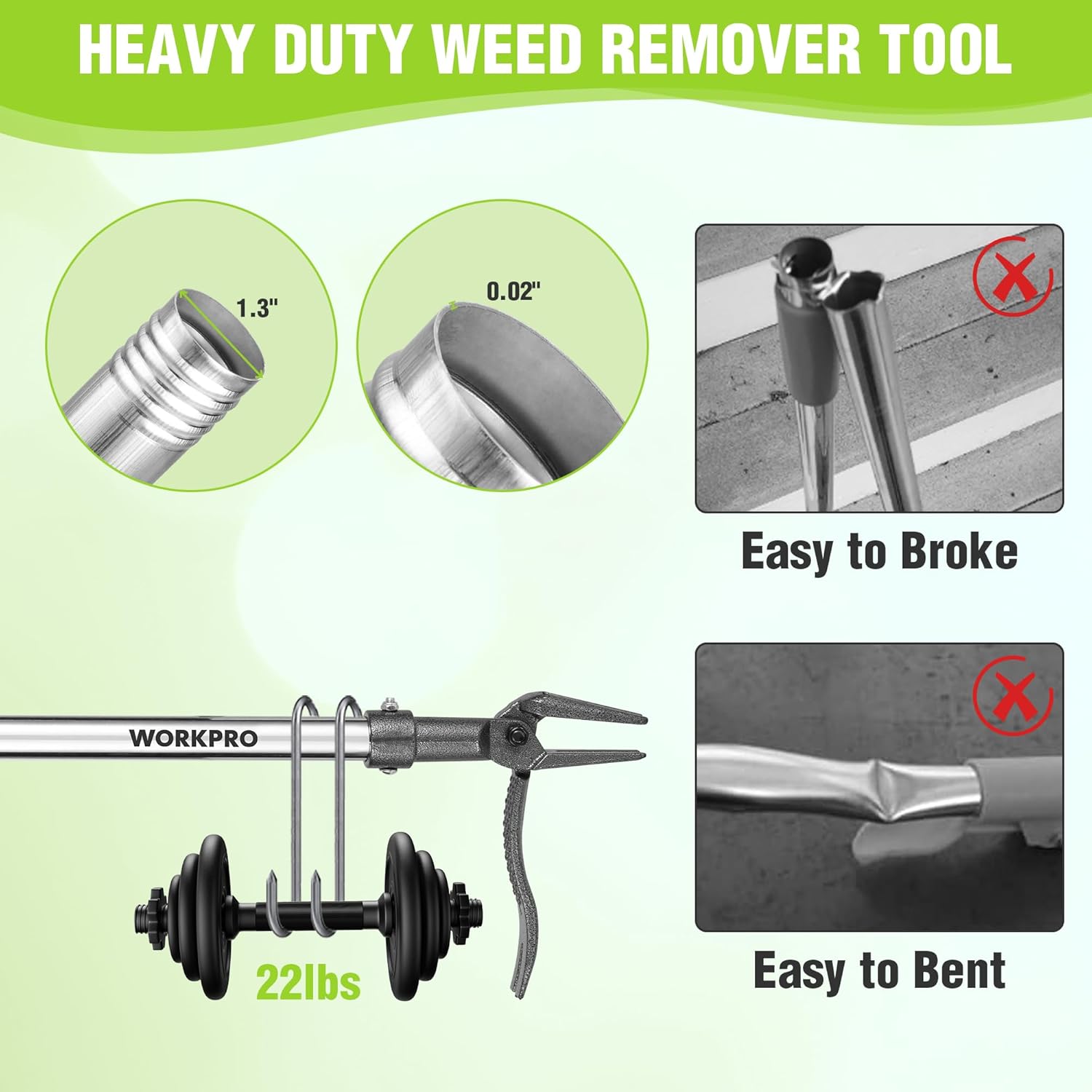 Heavy-duty weed remover tool with green metal handle, 4-claw head, and foot pedal