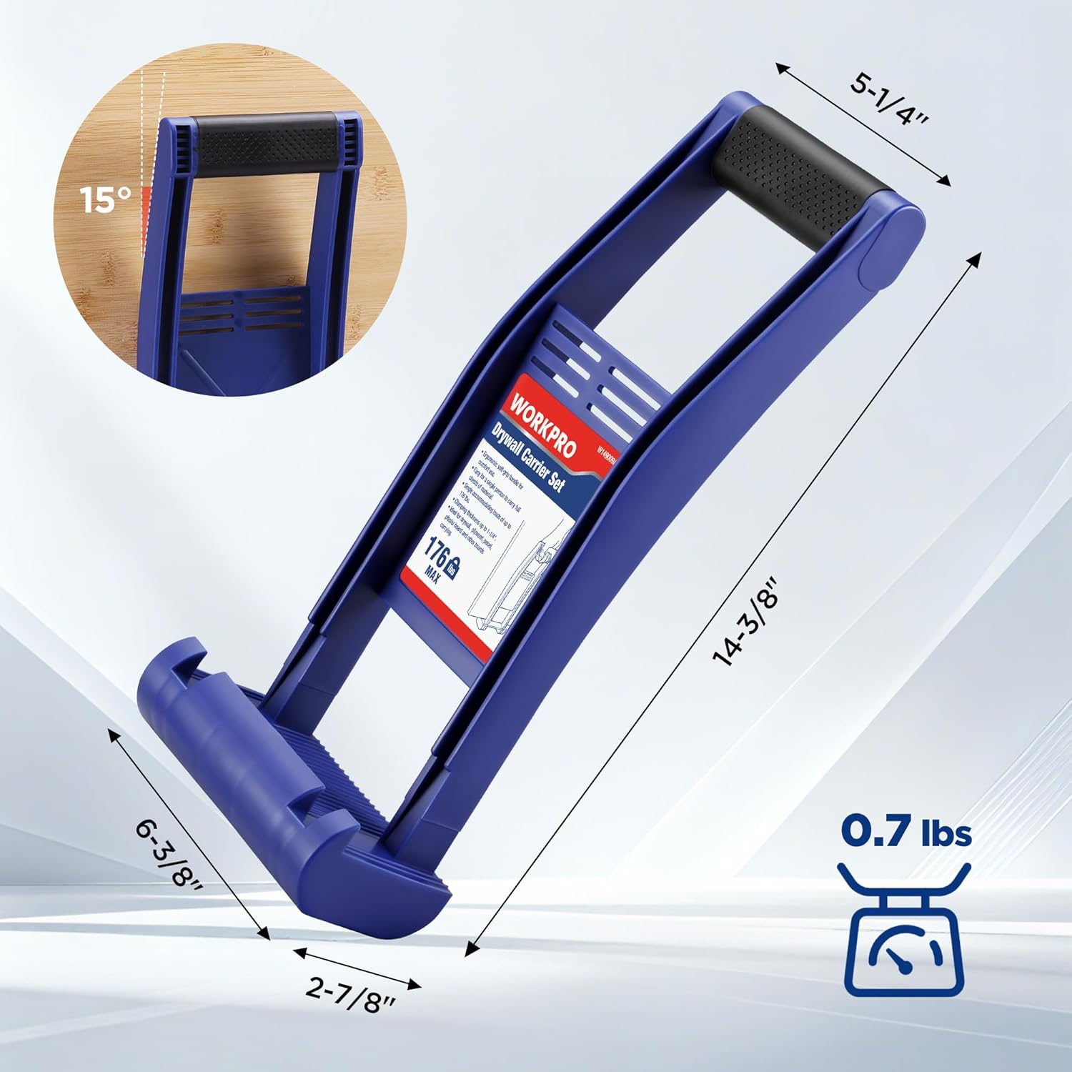 WORKPRO blue drywall carrier tool with cushioned black grip handle and wide base