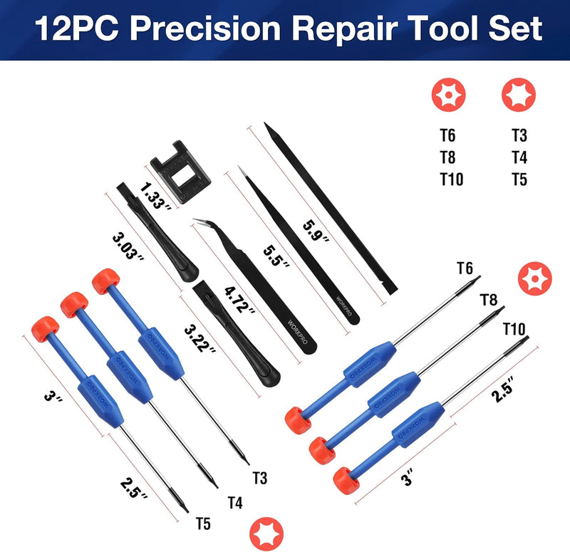 WORKPRO 12 in 1 Torx Screwdriver Set with T3 T4 T5 T6 T8 T10 Security Torx Bit & Precision Magnetic Screwdrivers, Tweezers,Pry Bars, Spudger for Eyeglass, Watch, Computer, Phone, with Case (W)