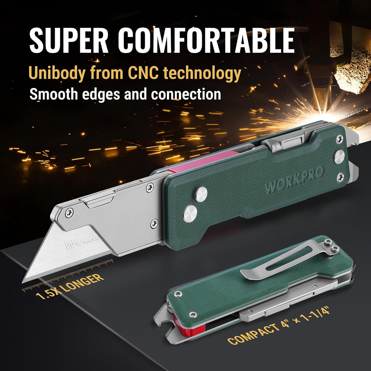 WORKPRO CNC Machined Utility Knife with extra 10 Blades, G10 Green Handle
