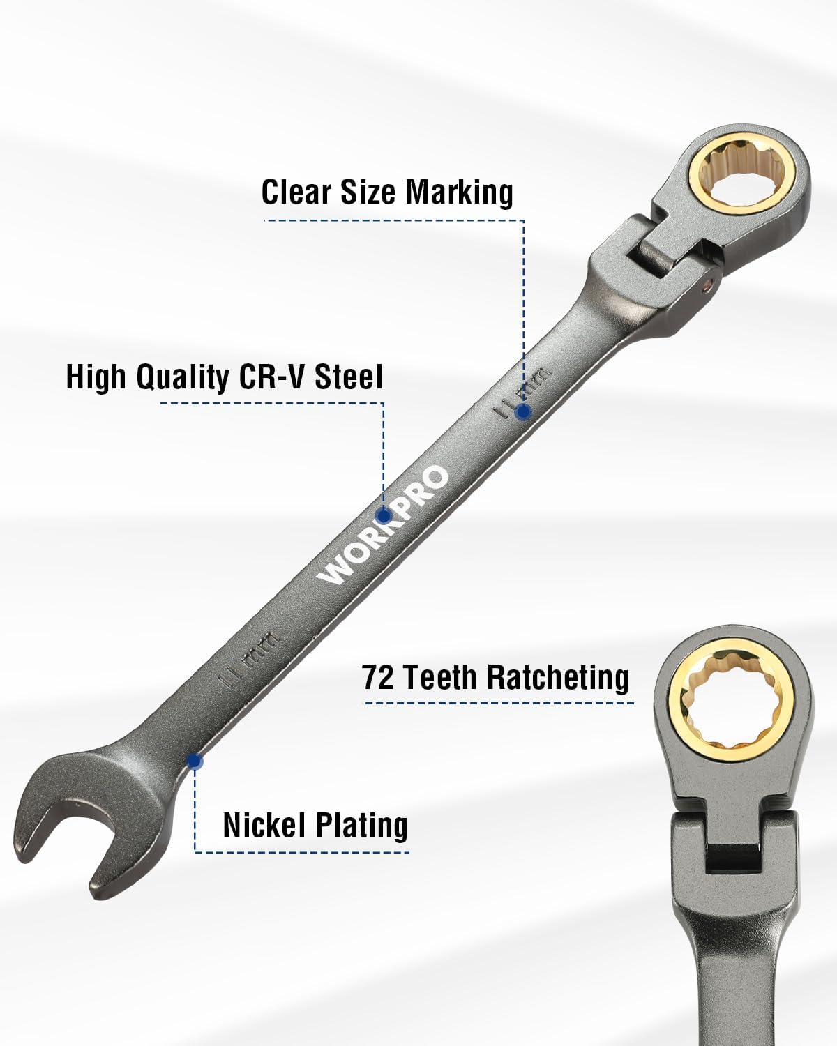 11 mm flex-head ratcheting combination wrench, nickel-plated, 12-point, 72-tooth