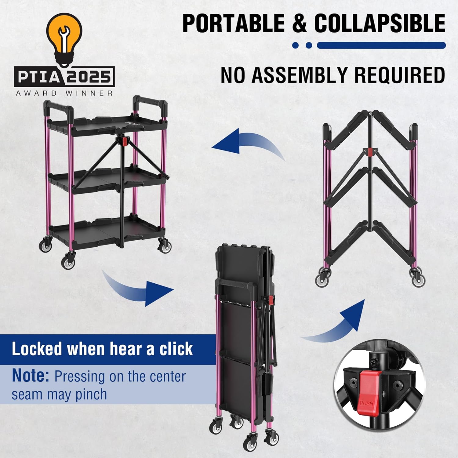 Portable collapsible 3-tier cart in black with pink frame and caster wheels, folded and locked