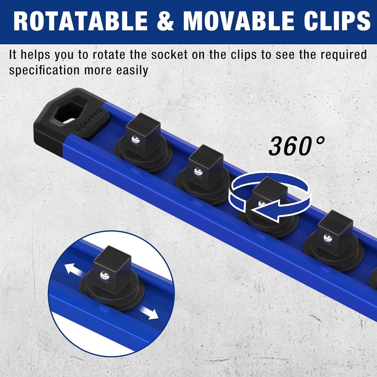 Blue socket rail with rotating magnetic clips for easy specification viewing