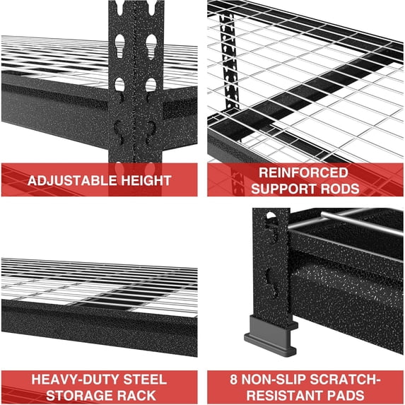 Close-up of black metal shelf uprights with adjustment holes and non-slip scratch pads.
