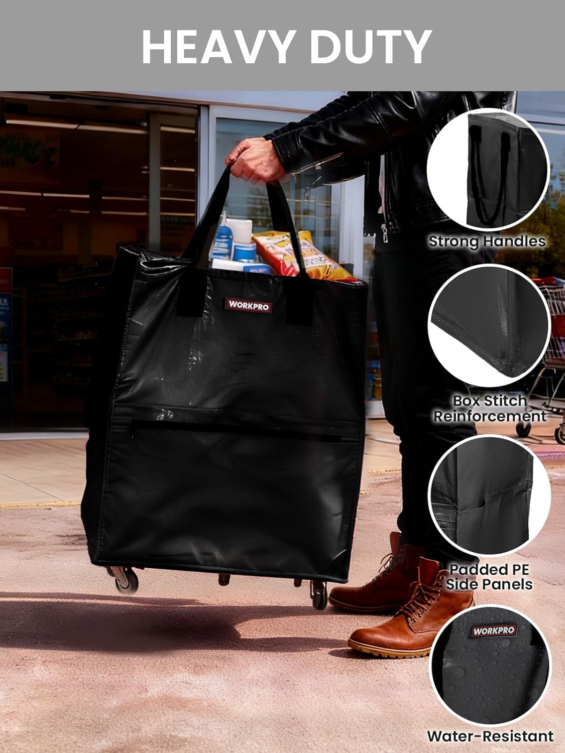 Black heavy-duty rolling tote with reinforced handles and double-stitched side panels