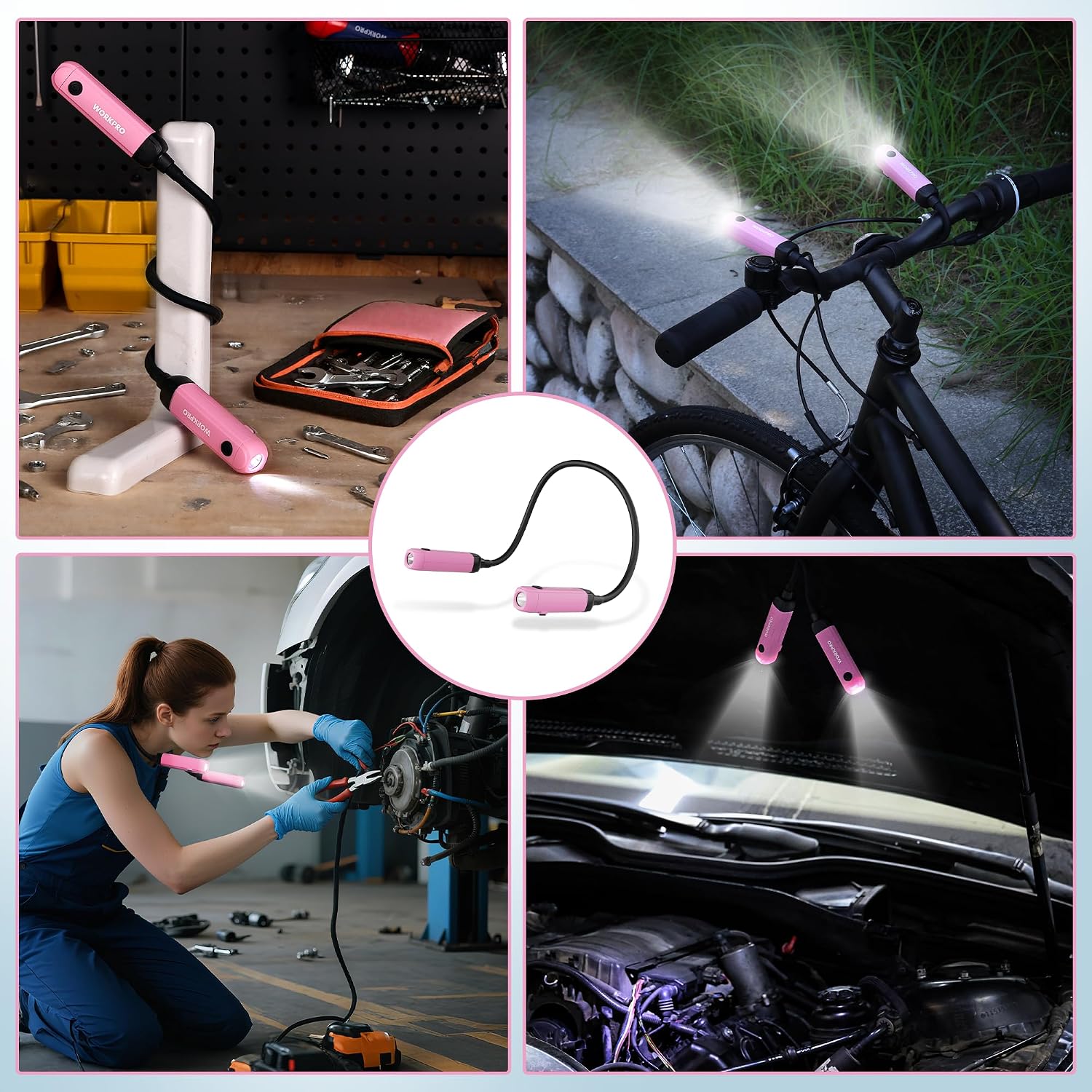 Pink rechargeable neck light illuminating a workspace with two adjustable LED pods