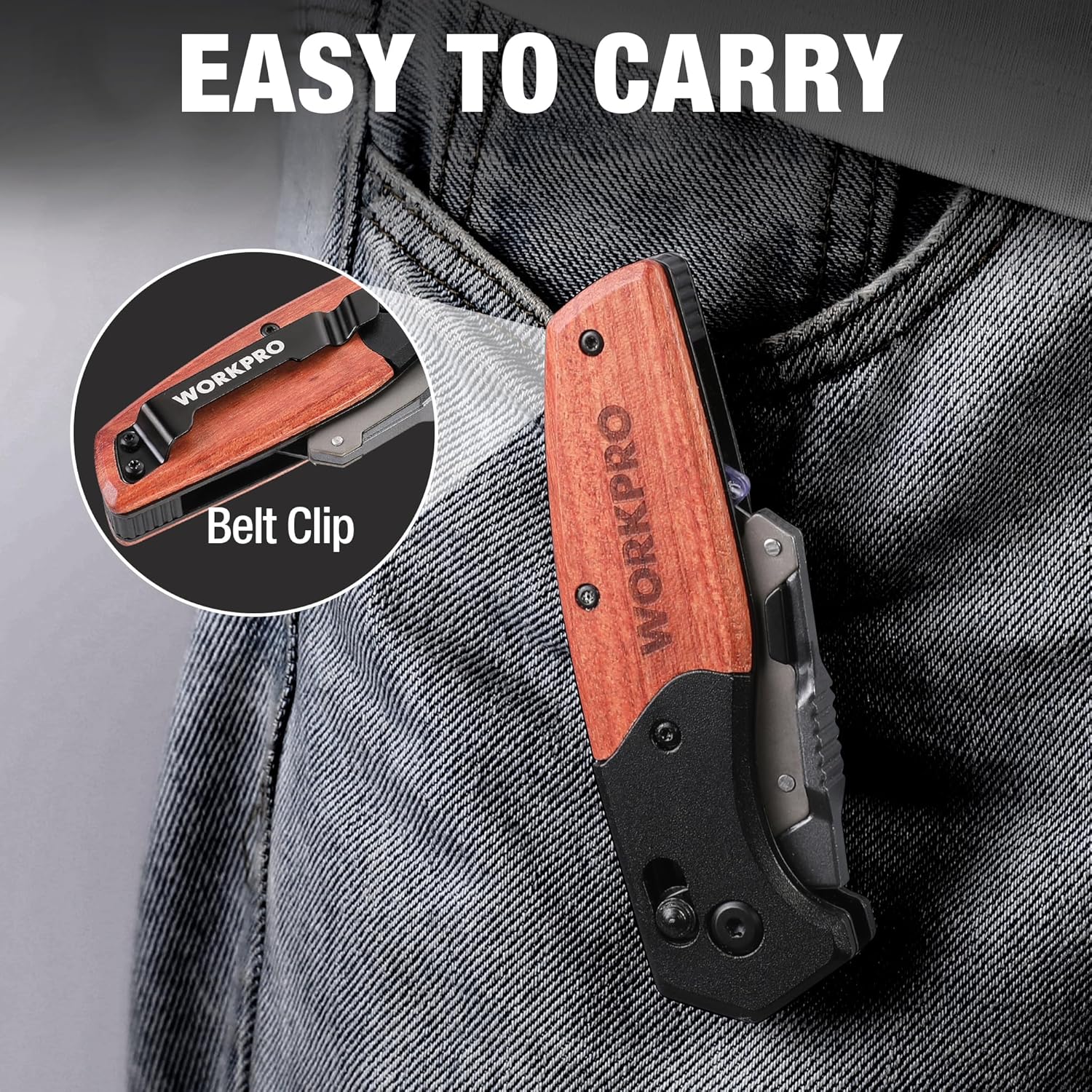 Pocket folding utility knife with wood handle and belt clip, blade folded