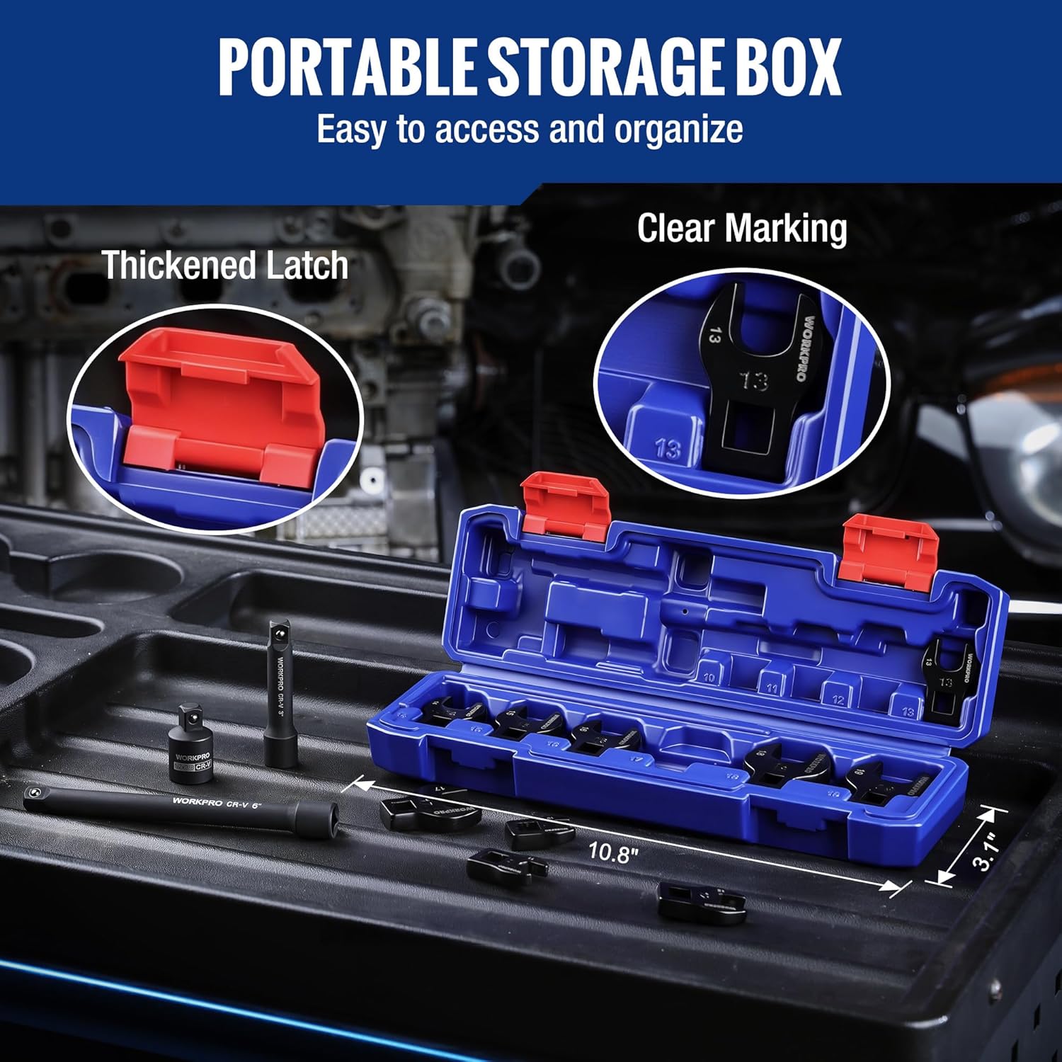 Portable storage box open with organized metric crowfoot wrenches, bars, and adapter