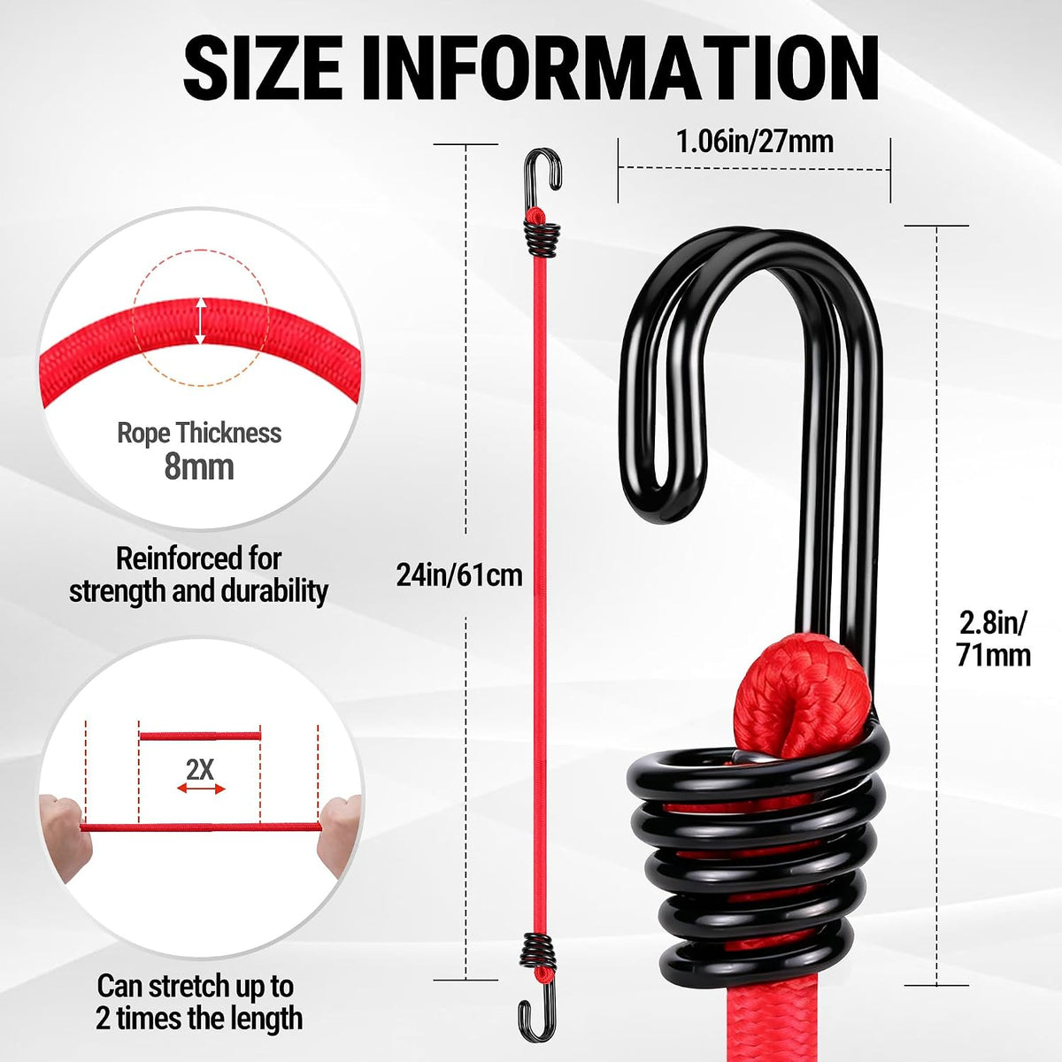 WORKPRO 24" Bungee Cords with Hooks, 4 Pack Heavy Duty Outdoor Bungee Strap, Red
