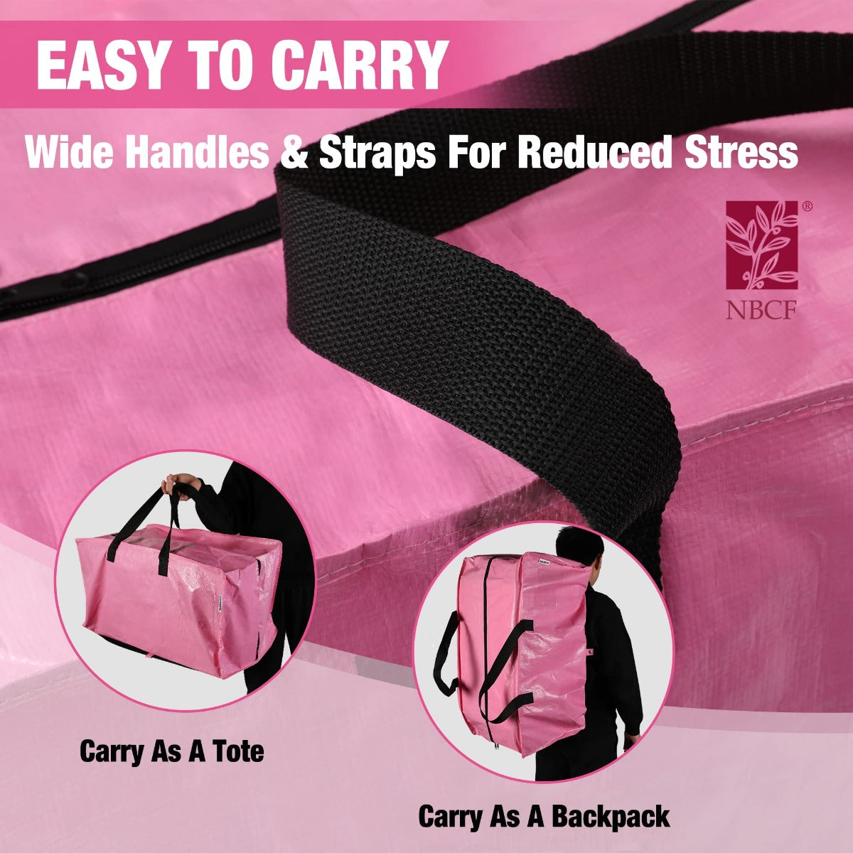 Pink zippered tote with wide black strap for shoulder carrying