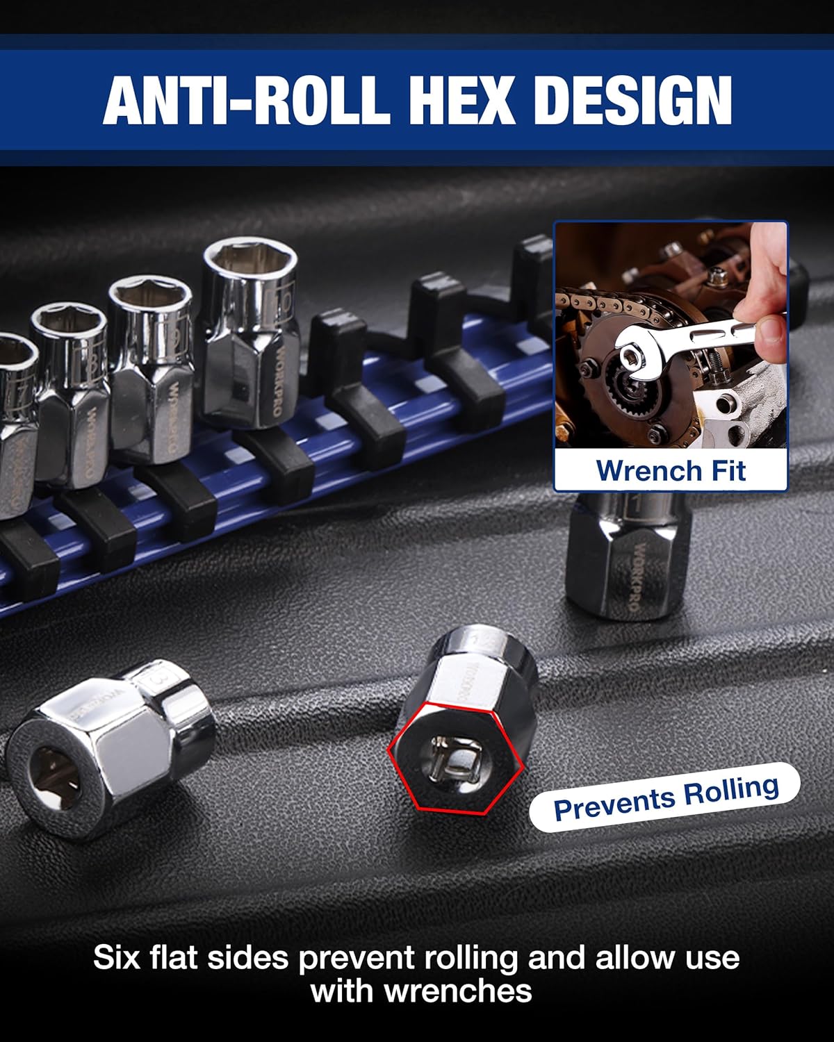 Anti-roll hex external sockets on a rail, for wrench fit and preventing rolling