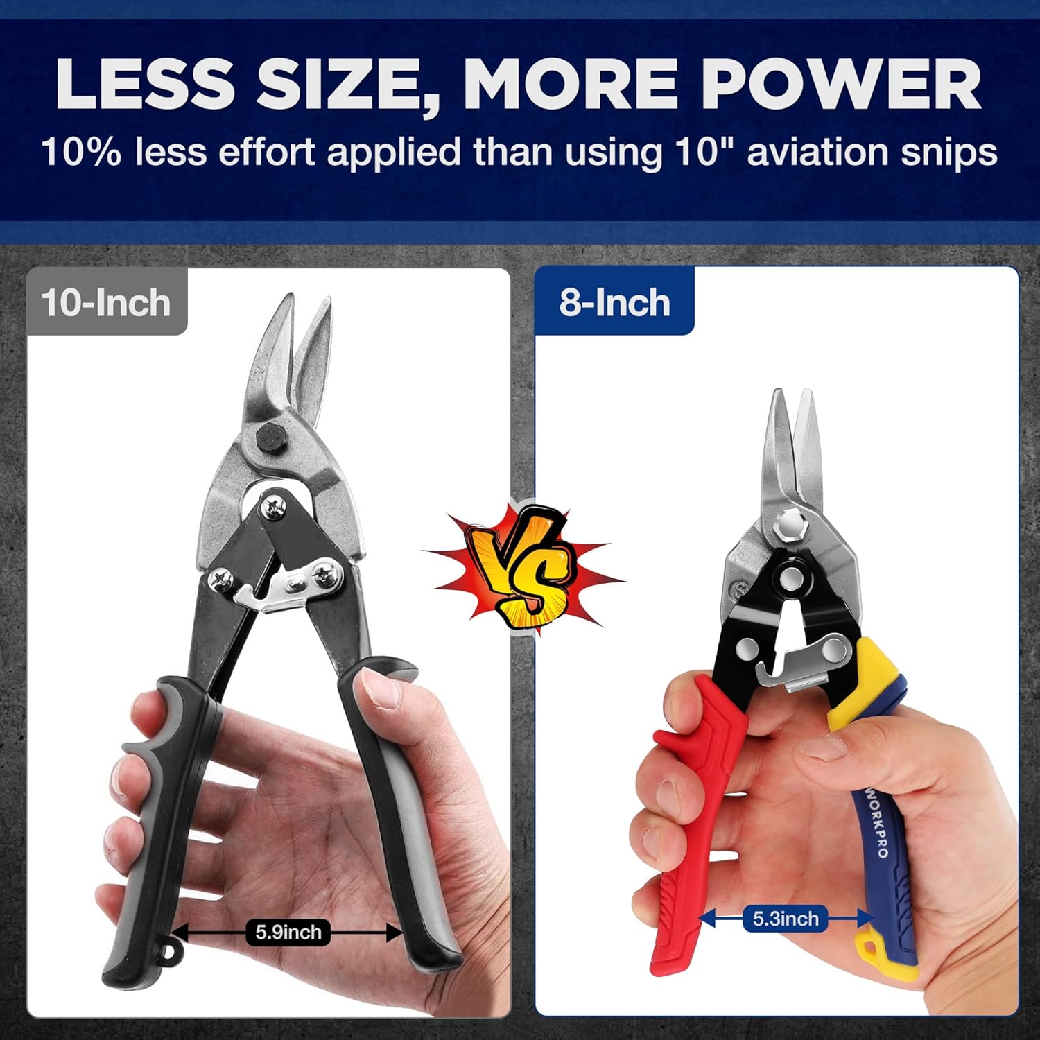 8-inch aviation snips with red and blue non-slip handles and safety latch, steel blades