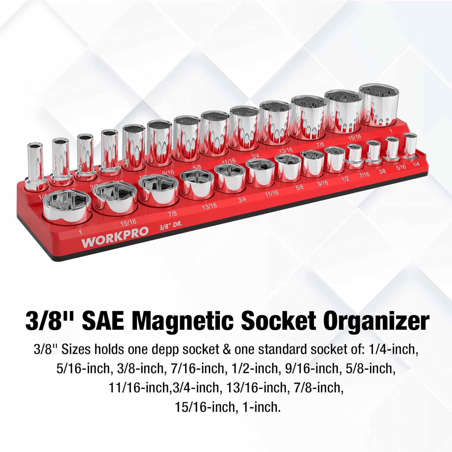 Red 3/8-inch magnetic socket organizer tray with chrome SAE sockets and labeled slots