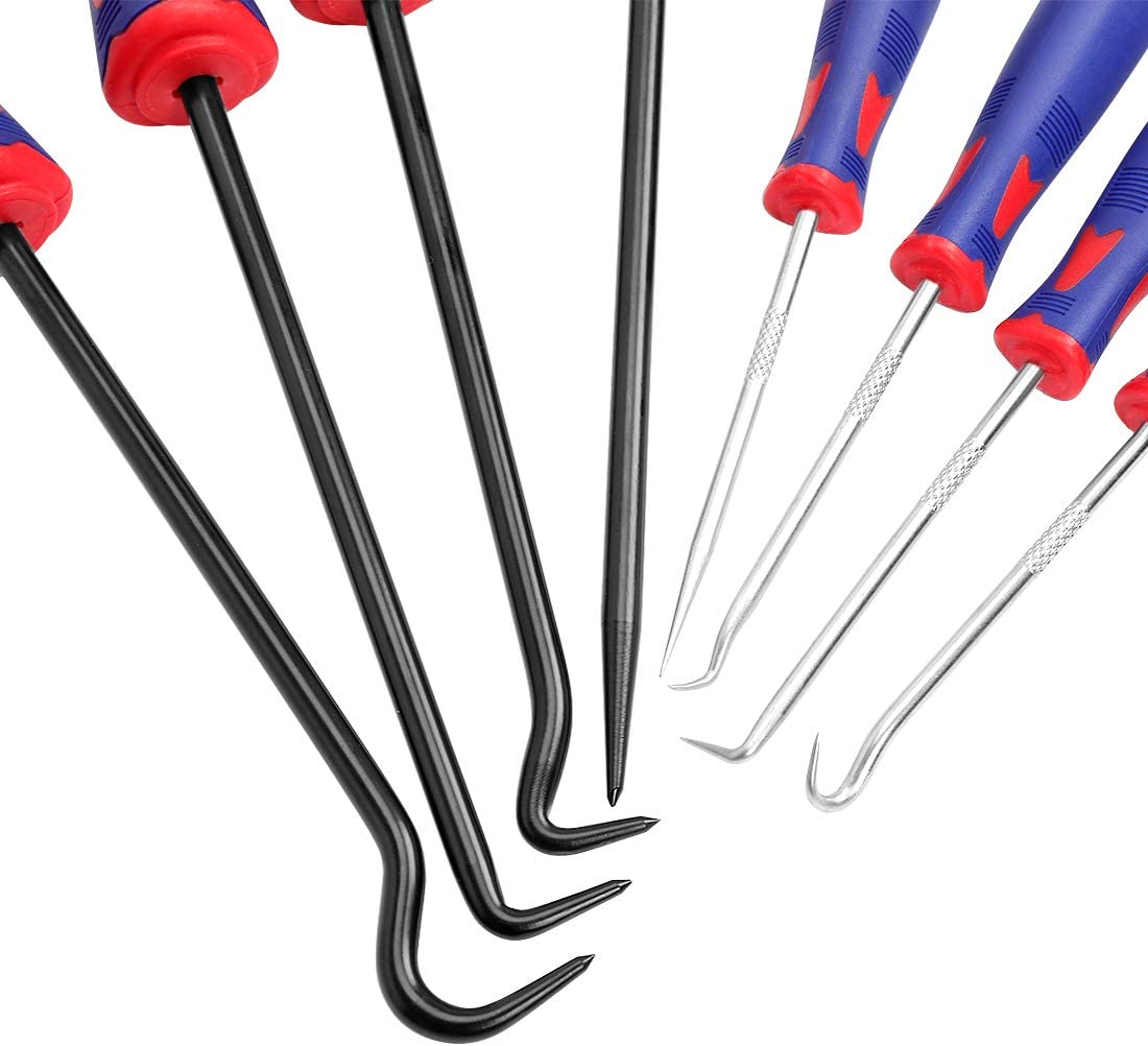 Precision pick and hook tools with blue/red handles and black curved tips, close-up