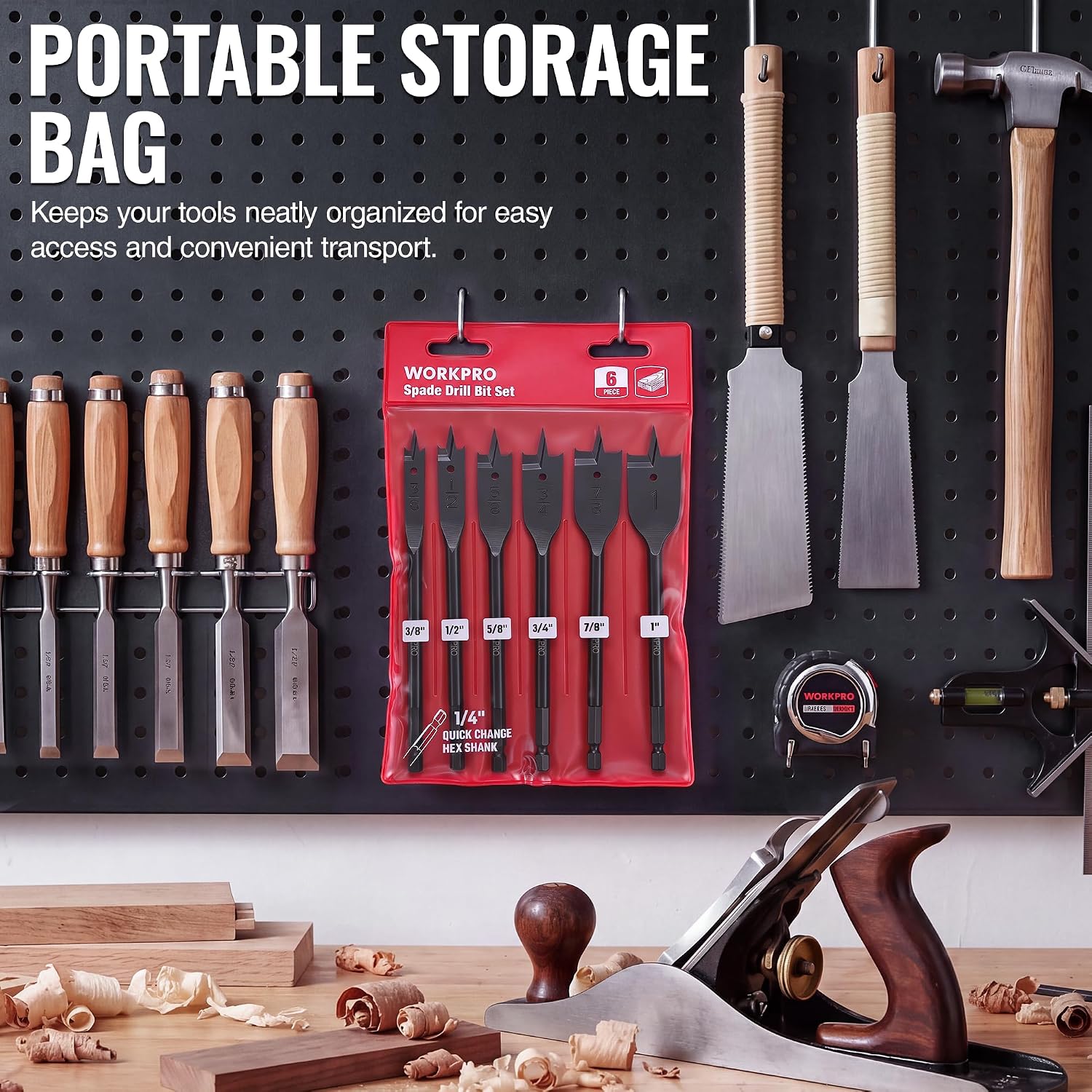 WORKPRO 6-Piece Spade Drill Bit Set, 3/8" to 1", Black