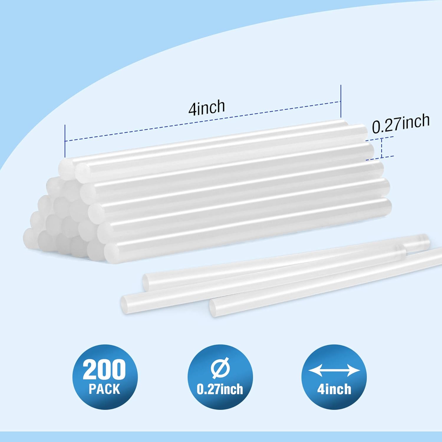 White mini hot glue sticks with size: 0.27 in diameter and 4 in length, 200 pack