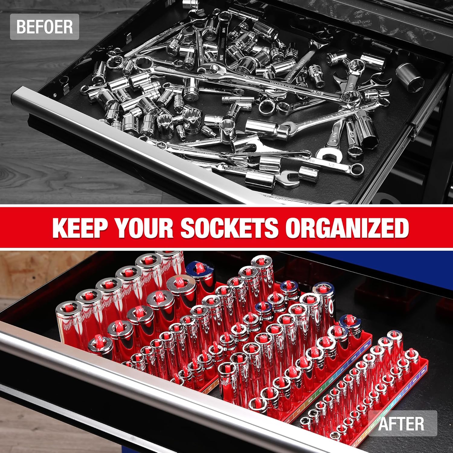 Red socket organizer trays with chrome impact sockets on a metal base, ready for storage