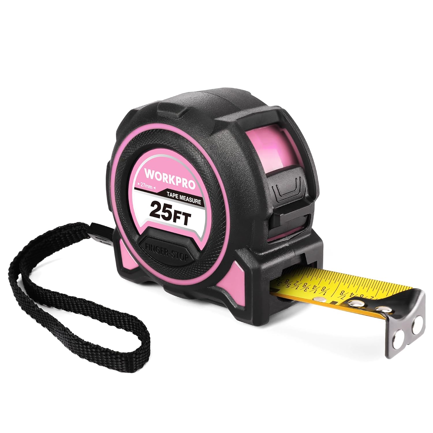 WORKPRO 25ft retractable tape measure with pink case, yellow blade, magnetic hook