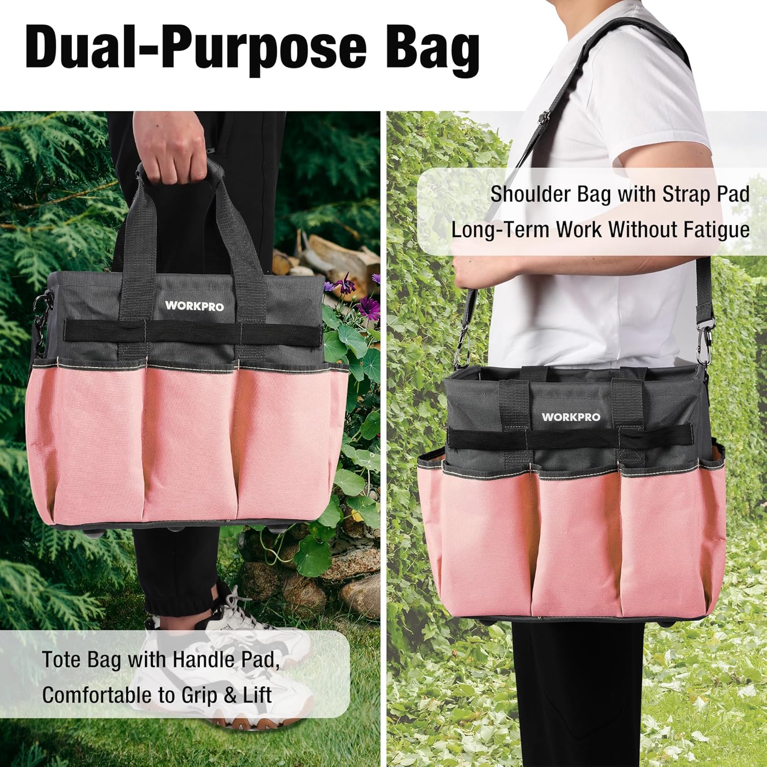 WORKPRO dual-purpose tool tote bag with handle pad and shoulder strap, pink and gray