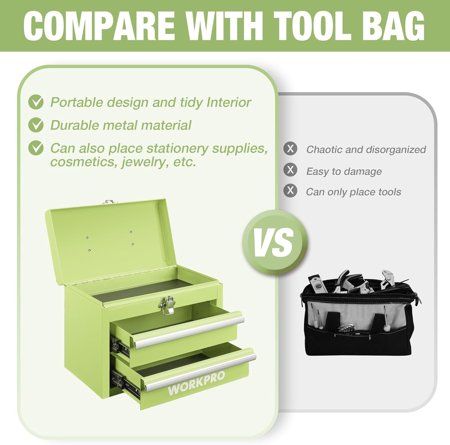 Lime green mini metal tool box with open lid and two drawers, front latch hardware