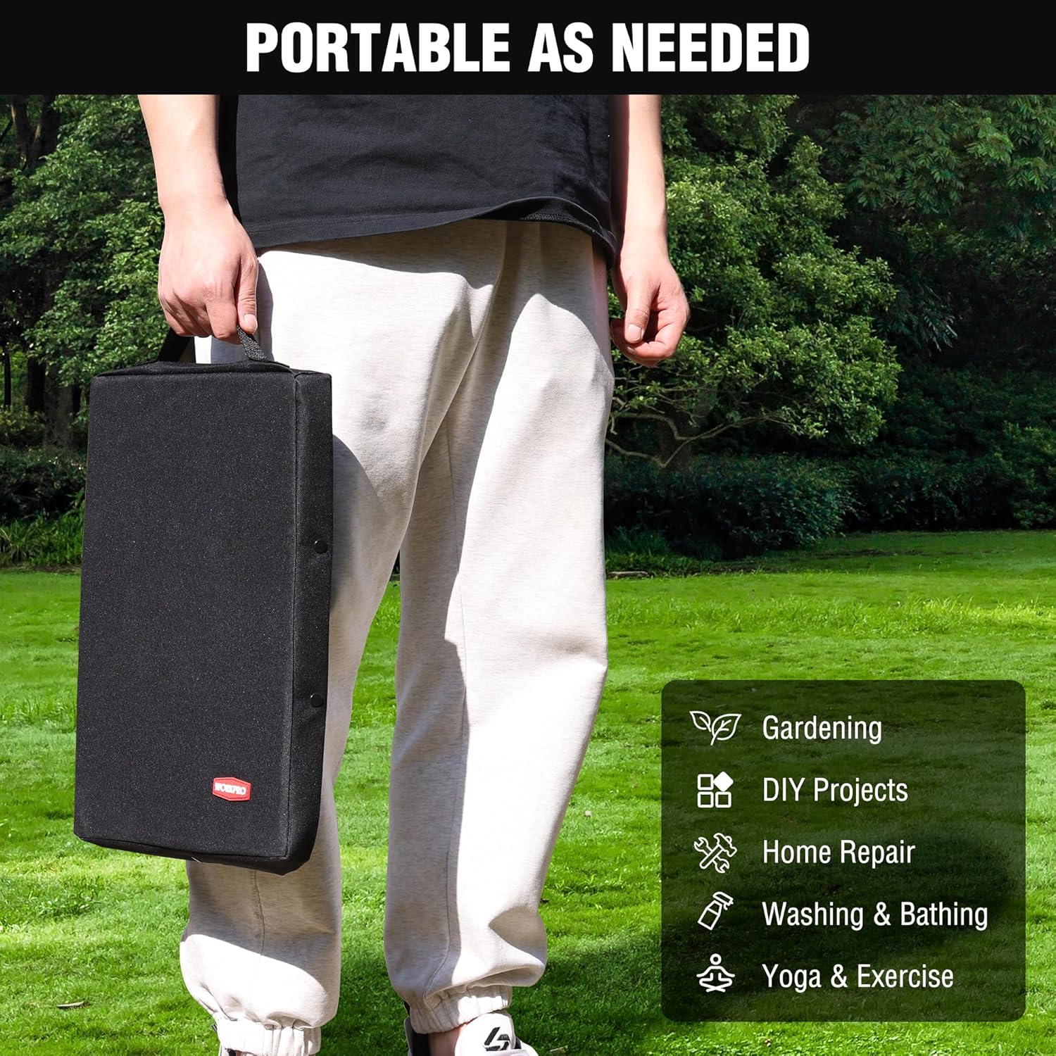 Portable black kneeling pad with handle, held upright for gardening and DIY tasks