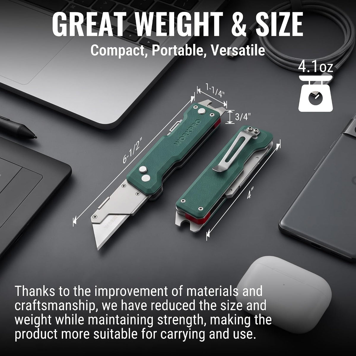 WORKPRO CNC Machined Utility Knife with extra 10 Blades, G10 Green Handle