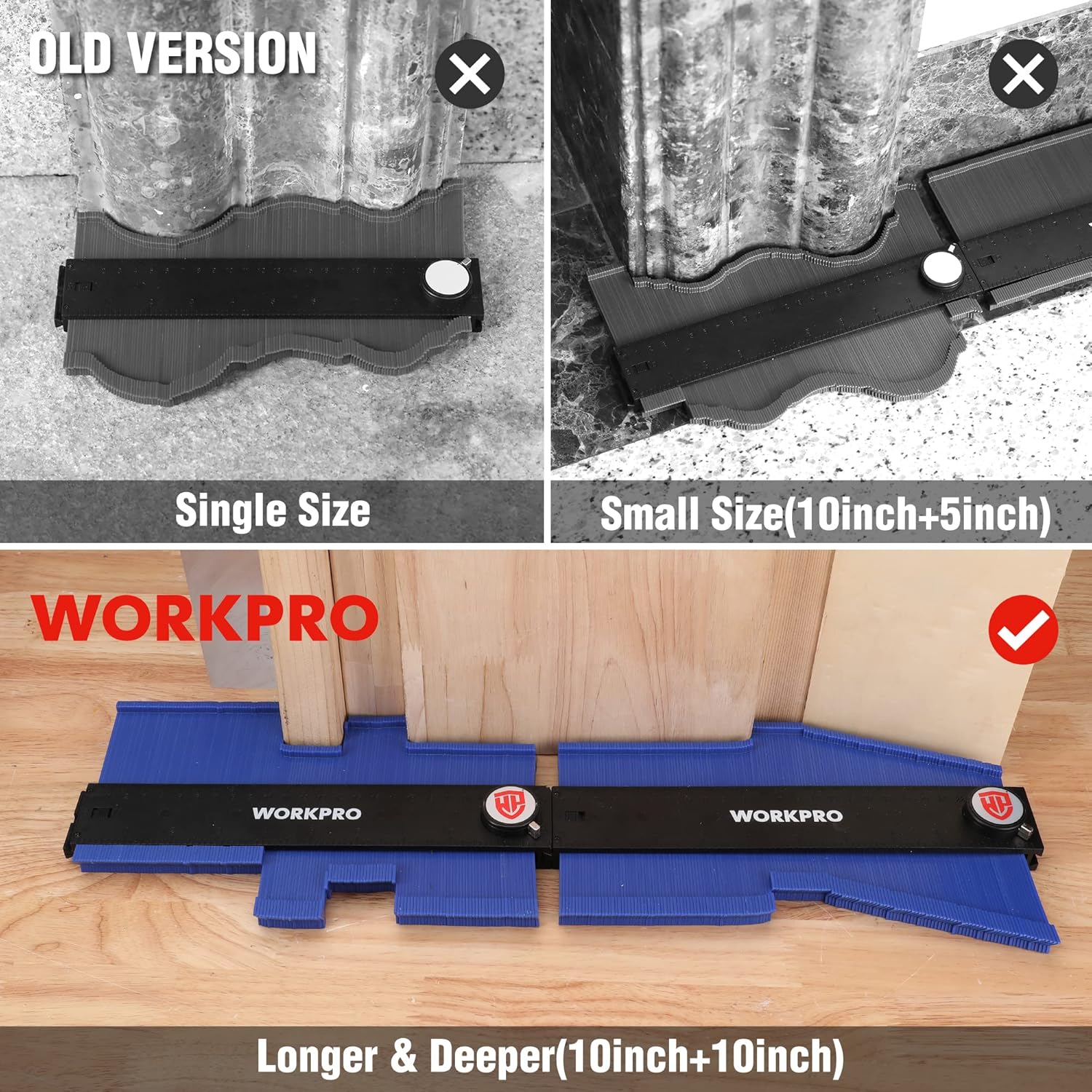 Blue contour gauge set with long interlocking profiles and black measurement base plate