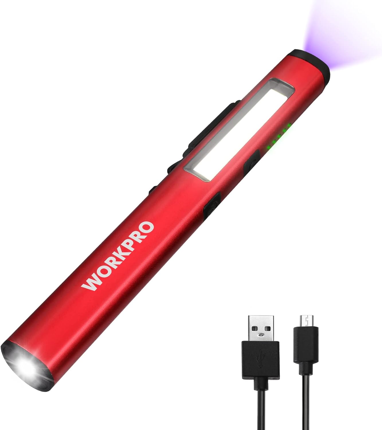 Red WORKPRO rechargeable pen light flashlight with frosted window and metal head