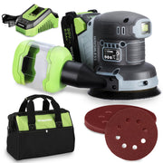 20V cordless orbital sander kit with sanding pads and storage bag, green and gray
