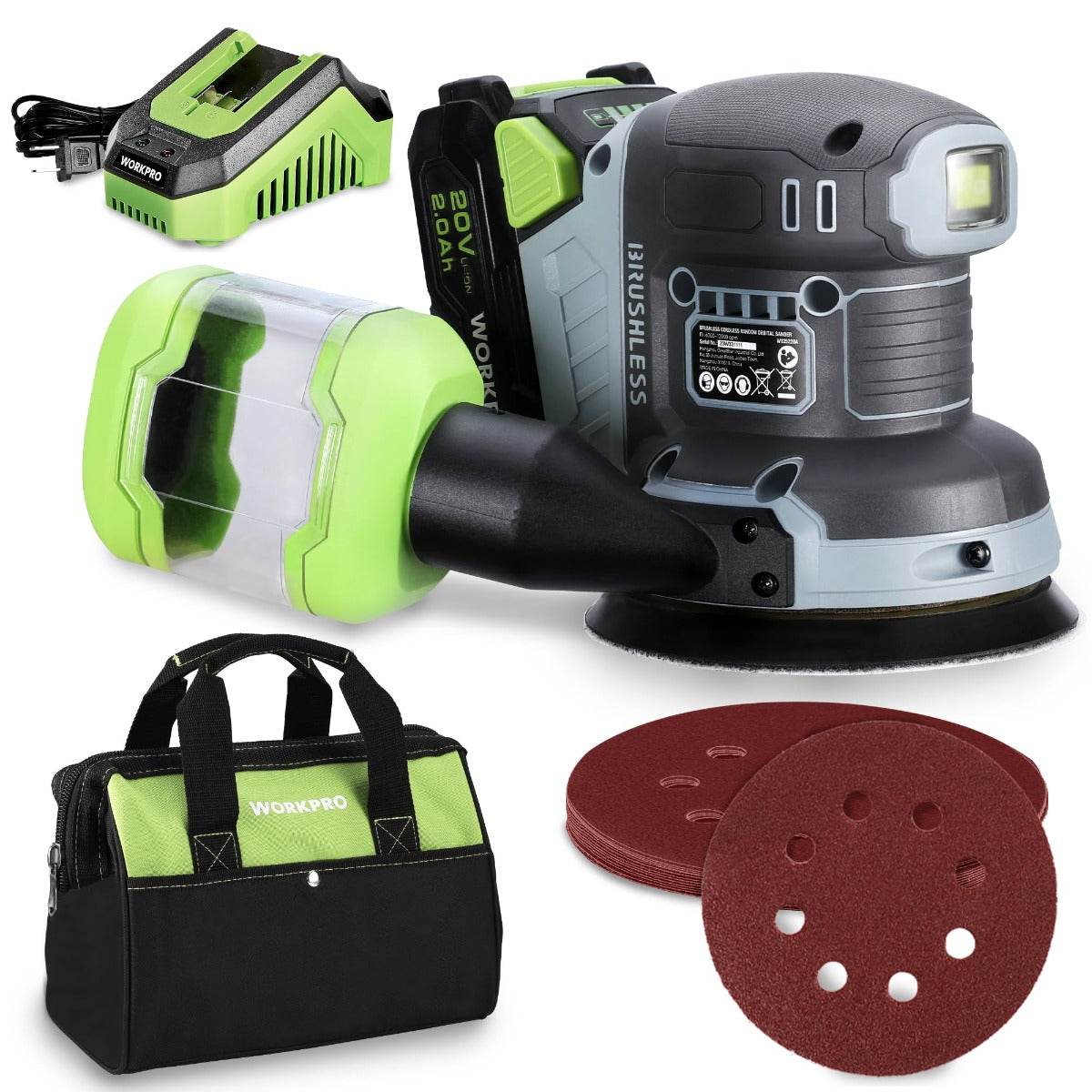 20V cordless orbital sander kit with sanding pads and storage bag, green and gray