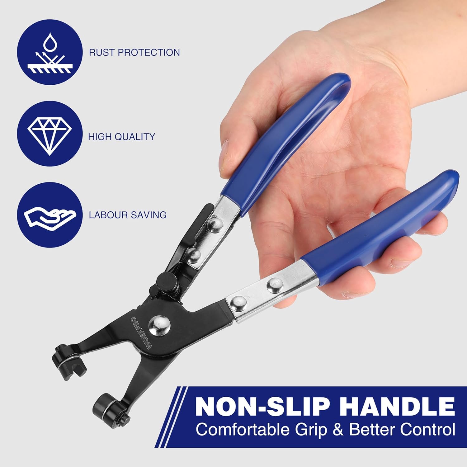 Hand holding blue non-slip hose clamp pliers; comfortable grip and steel jaws