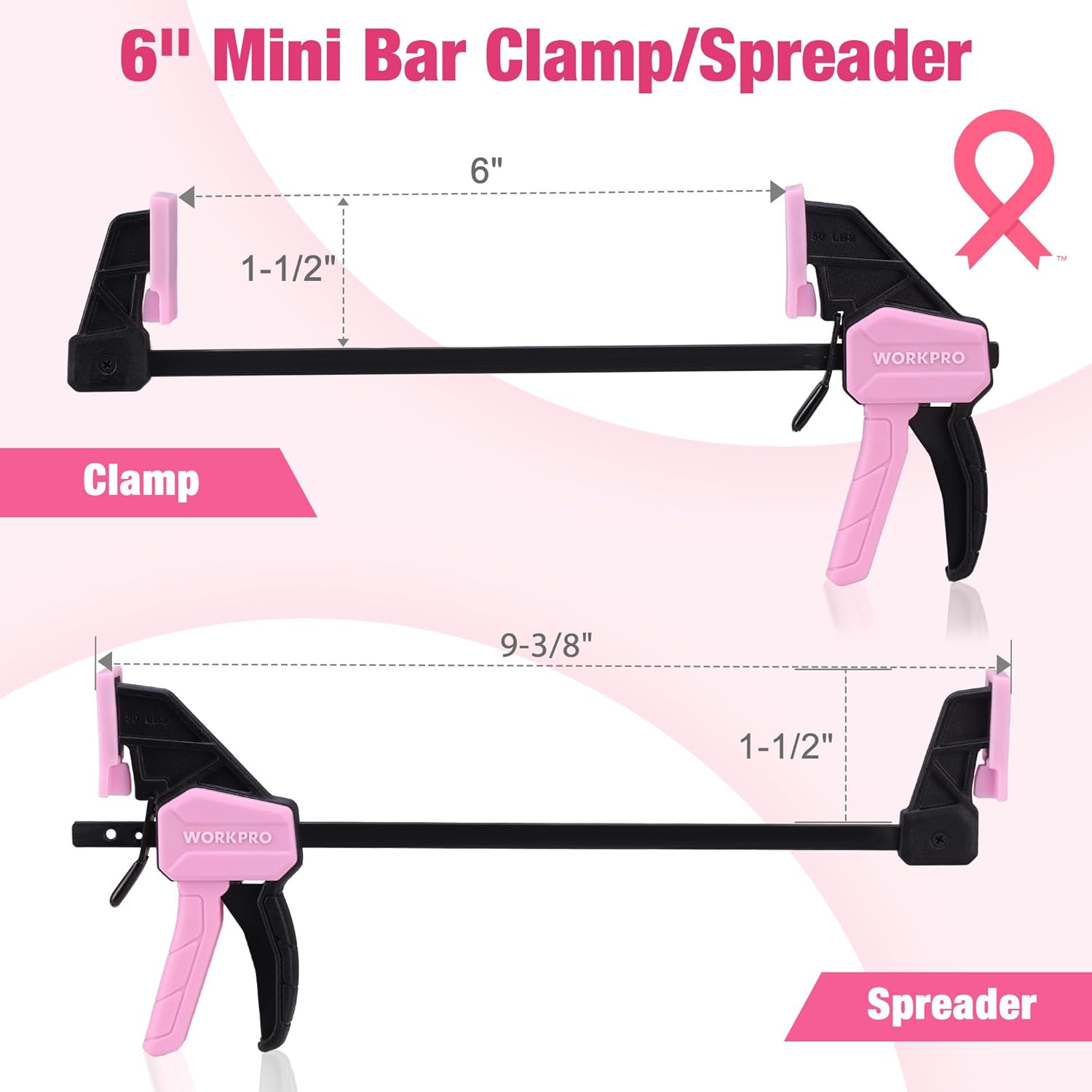 Pink 6-inch mini bar clamp/spreader with black jaws, one-hand trigger handle, 2-pack