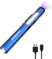 Blue rechargeable LED penlight flashlight with clear side window and metal pocket clip
