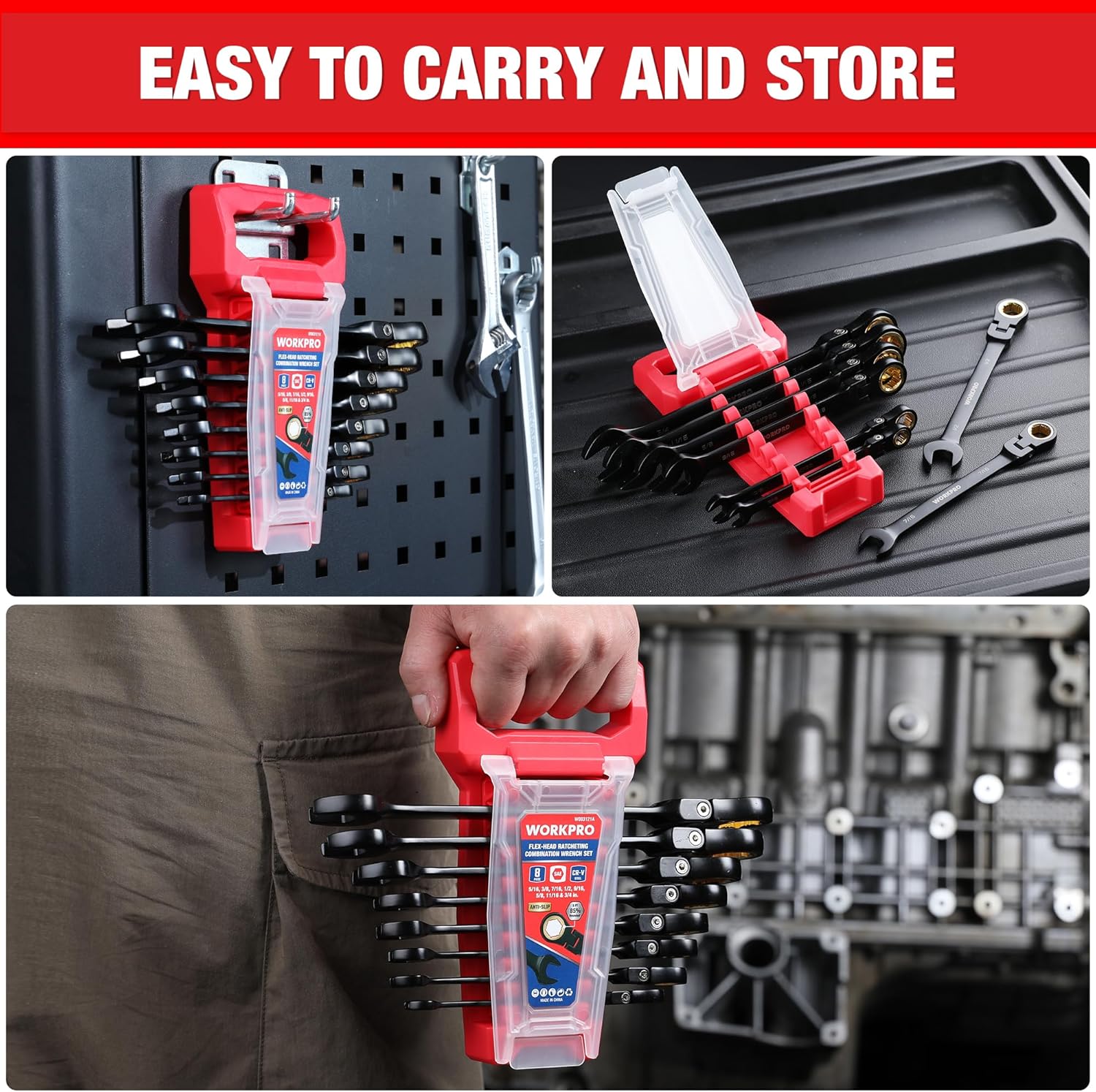 Black ratchet wrench set in a red organizer case with multiple wrenches and tray