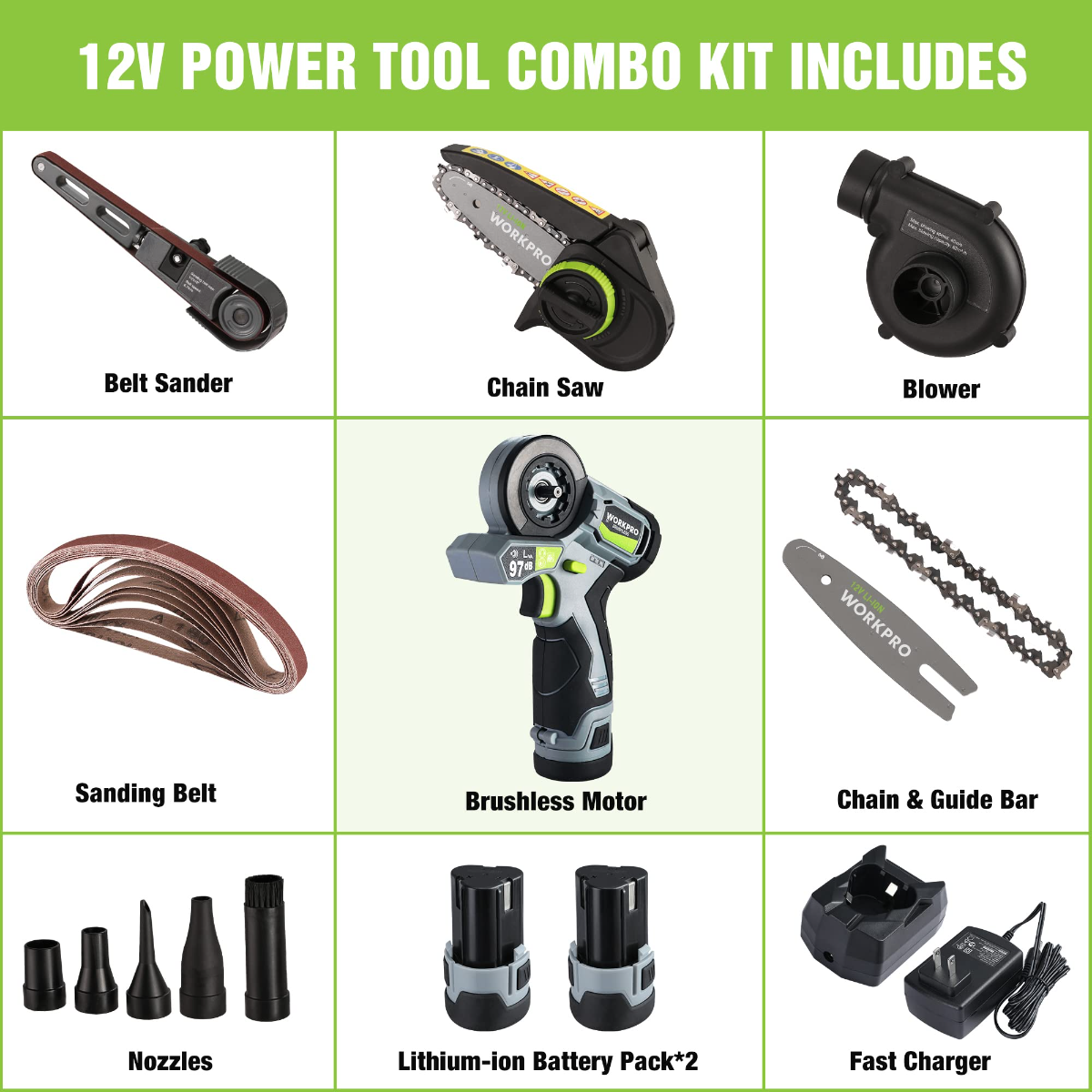 3-in-1 cordless tool combo kit with mini belt sander, chain saw, blower, and accessories