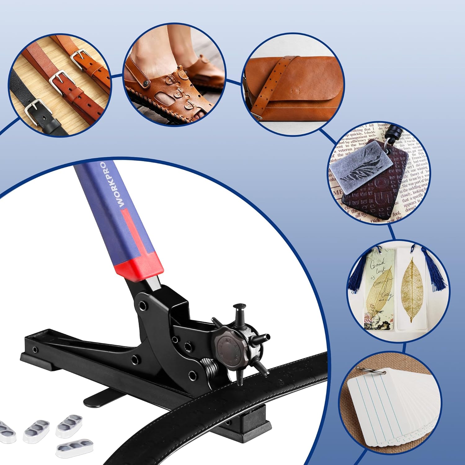 WORKPRO leather hole puncher tool with punch plates and rotary head for straps
