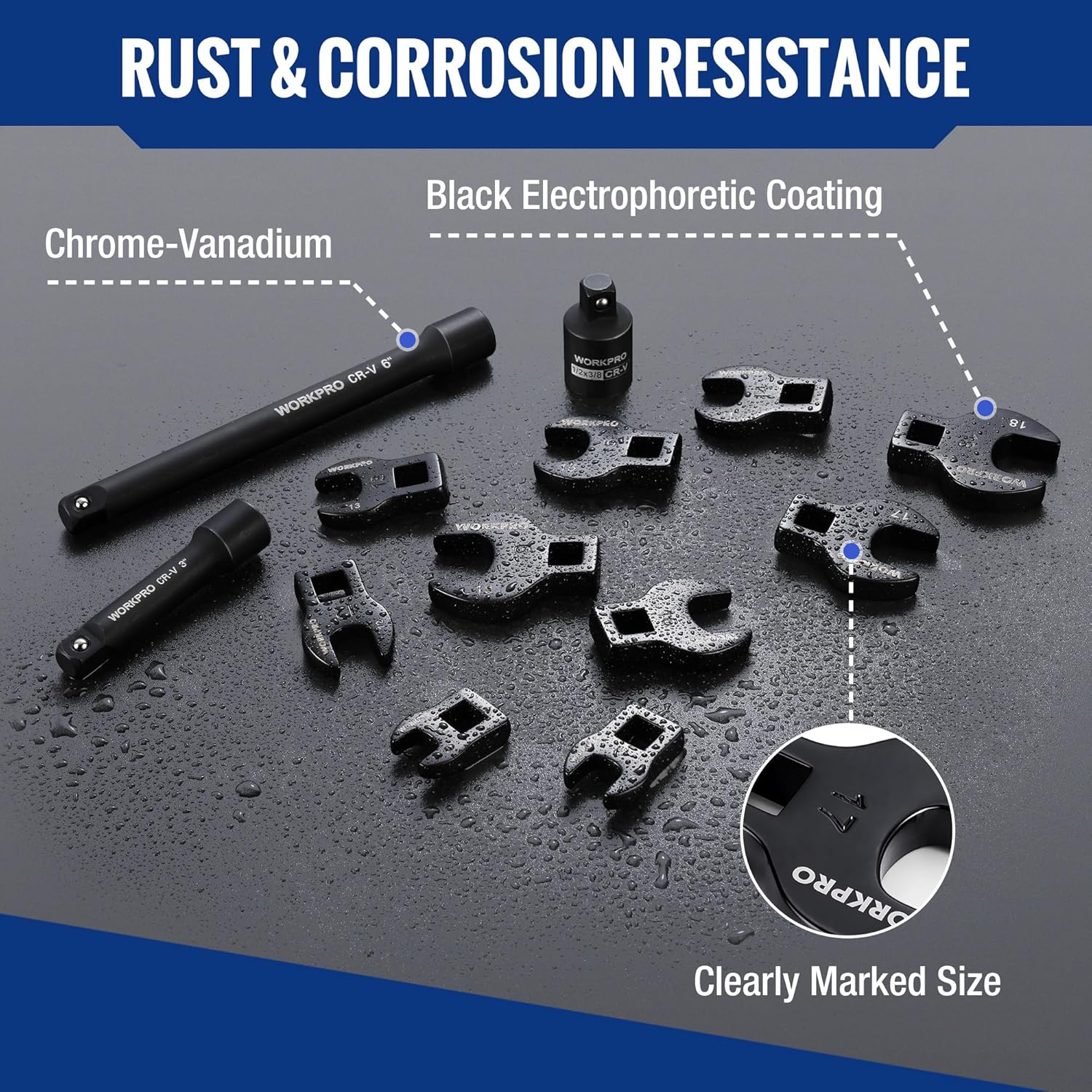 Black electrophoretic coated crowfoot wrenches and extension bars with clearly marked sizes
