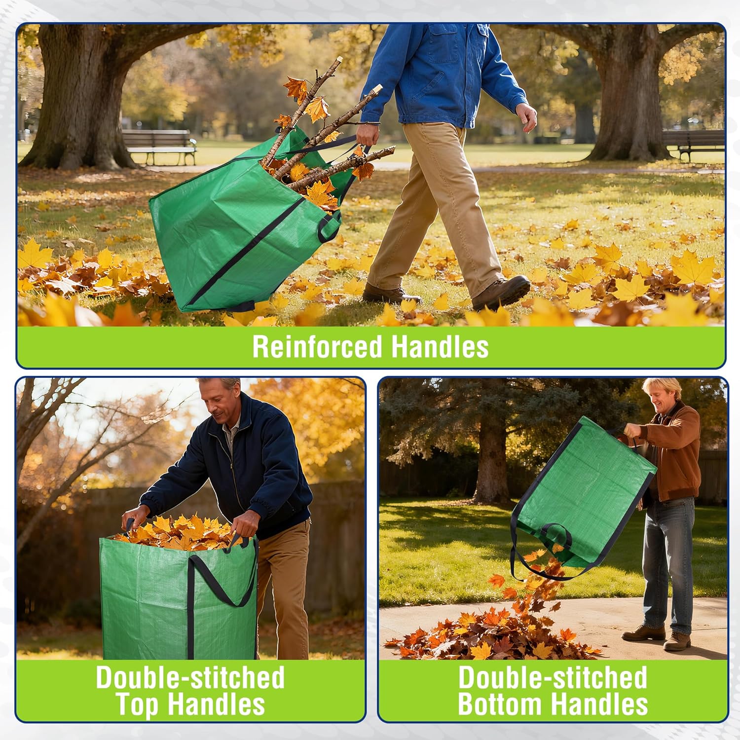 Green reusable yard waste bag with reinforced handles and double-stitched top and bottom.