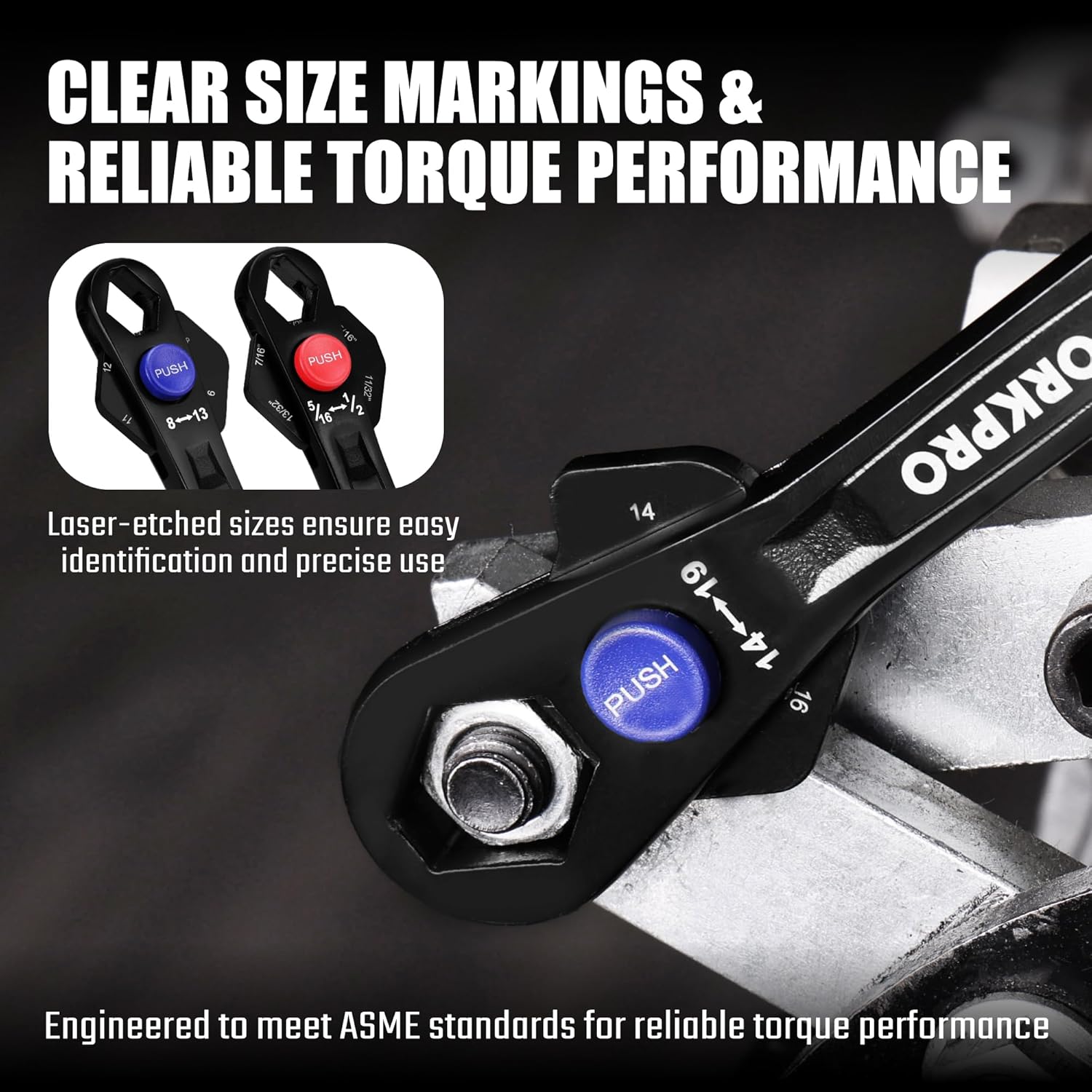 Adjustable wrench with clear engraved size markings and push-button multi-position head