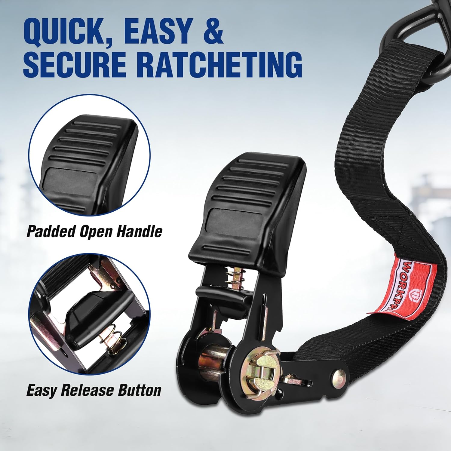 Black ratchet tie down with padded open handle and easy release button