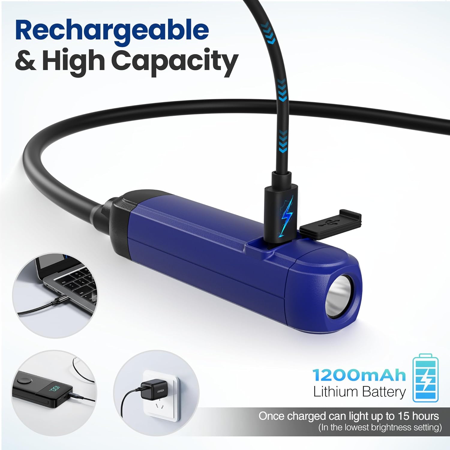 Blue rechargeable neck light with black flexible neck and USB charging port