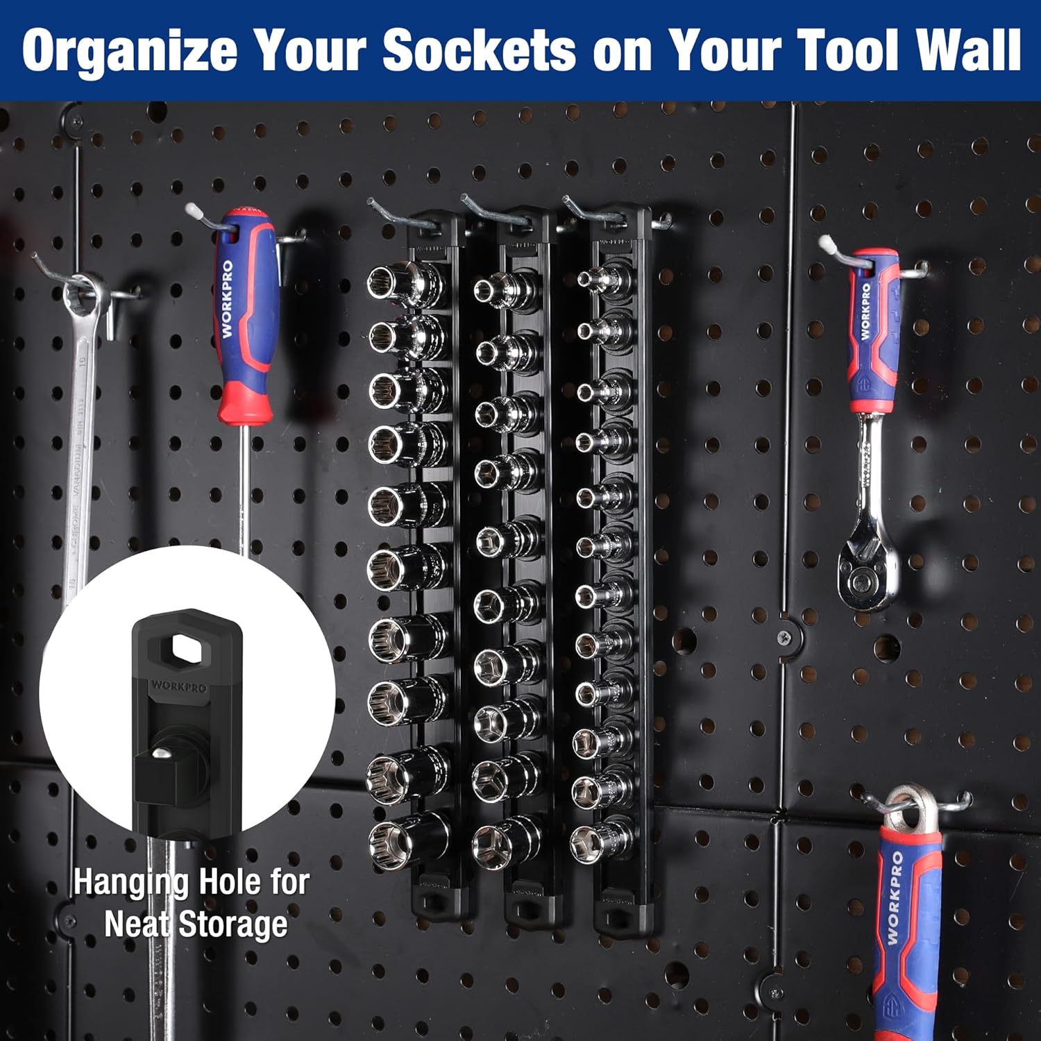 Black magnetic socket rail mounted on pegboard with multiple socket clips