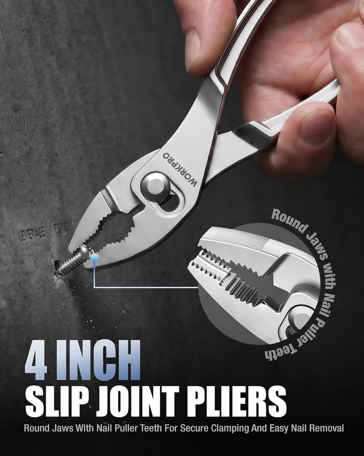 4-inch slip joint pliers with rounded jaws and pivot pin, hand adjusting grip